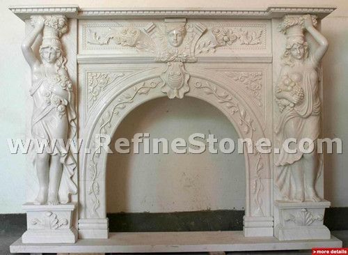 Indoor white marble decorated fireplace