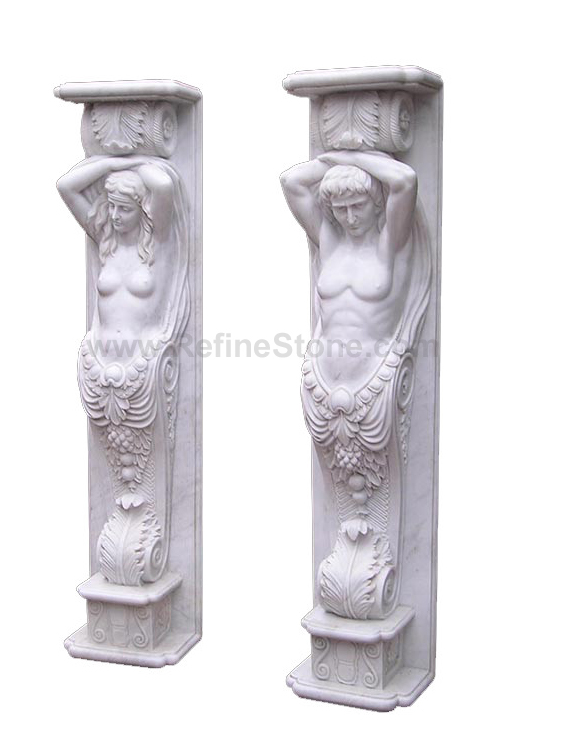 White Marble Columns with Stone Figure Statue Carvings